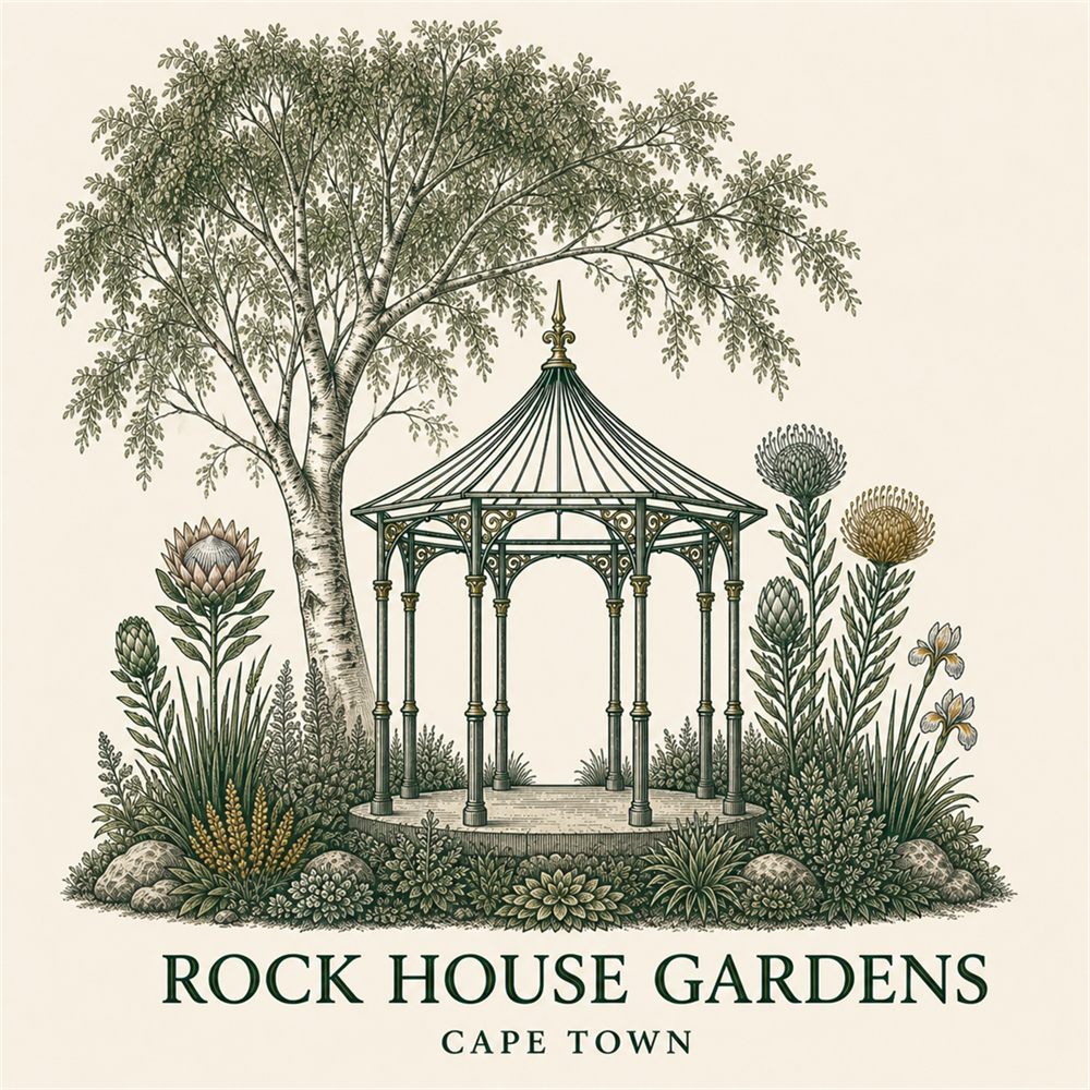 Rock House Gardens — garden illustration of a wrought-iron gazebo, established tree, indigenous fynbos and proteas