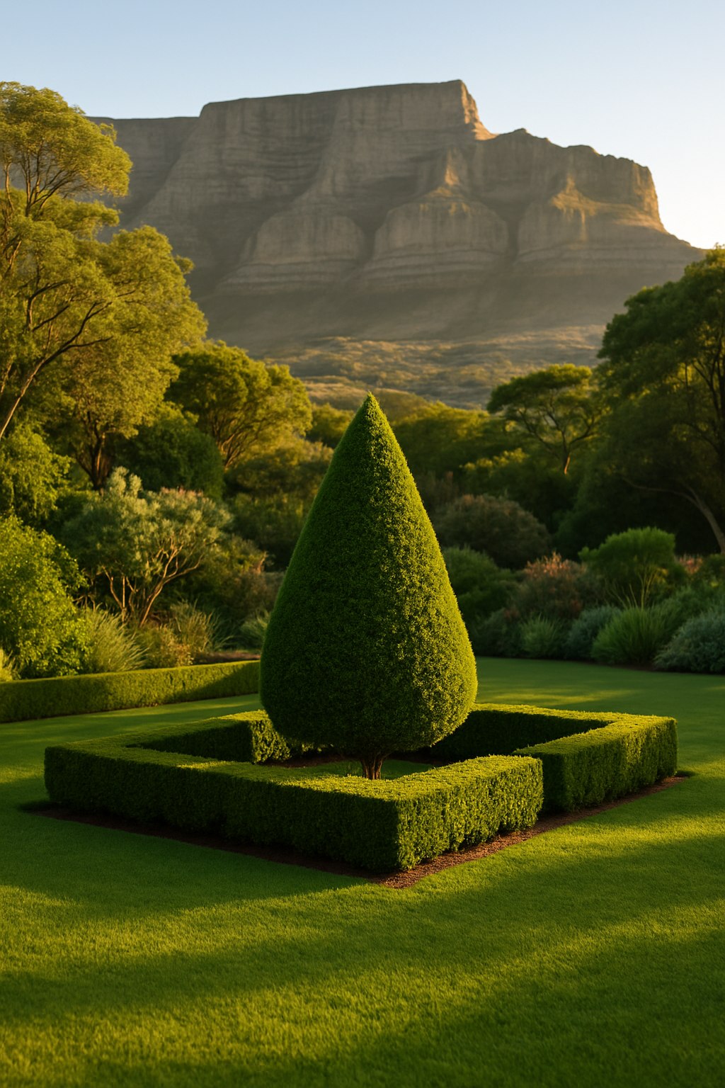 Clipped conical topiary and formal hedges in an established Cape Town garden
